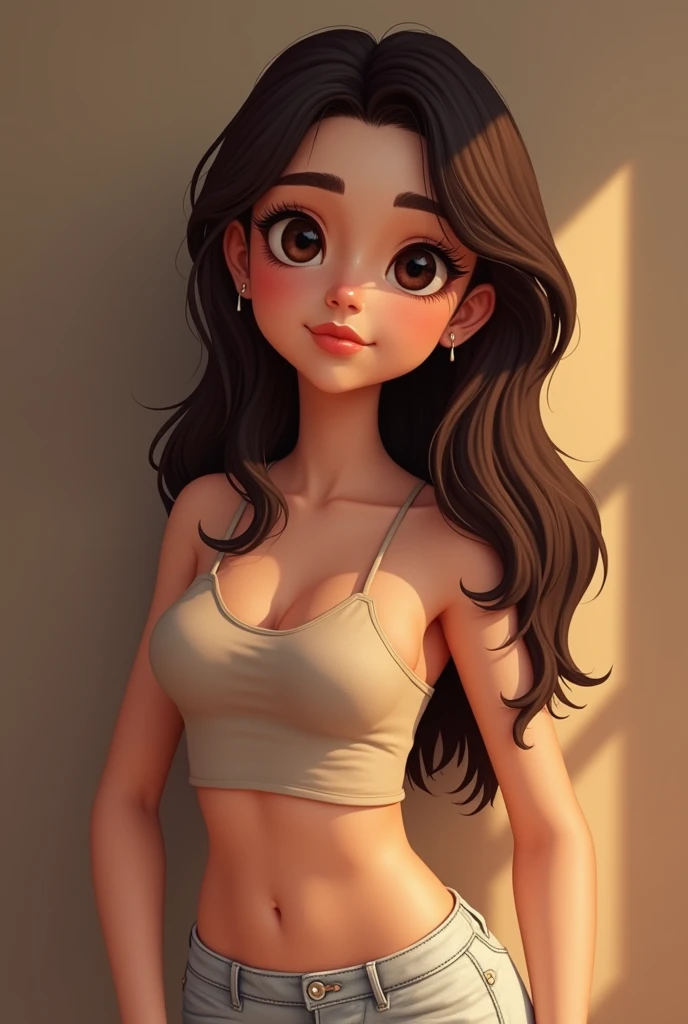 A white girl, short in height, brunette with blonde highlights, straight hair to her shoulders (or a little below), blue eyes with a touch of green. You freckle like Lindsay Lohan. With a large chest and hips, thin legs and pronounced thighs. Face similar to that of Jennifer Aniston, Dove Cameron and Lindsay Lohan.