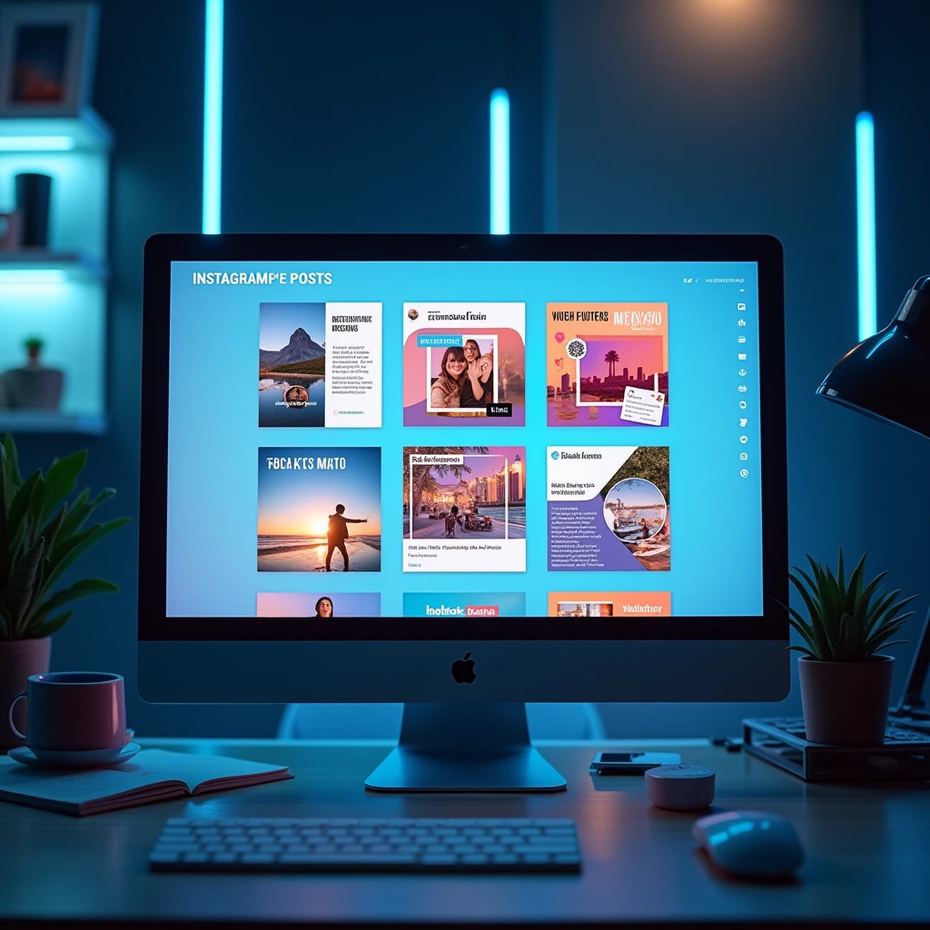 A modern computer screen displaying an interface where Instagram posts are being created automatically. The screen shows multiple completed post designs in a grid format, with colorful and visually appealing layouts, including images, text overlays, and hashtags. The background has a professional workspace vibe, with minimalistic decor and glowing blue tech accents to suggest automation and efficiency."