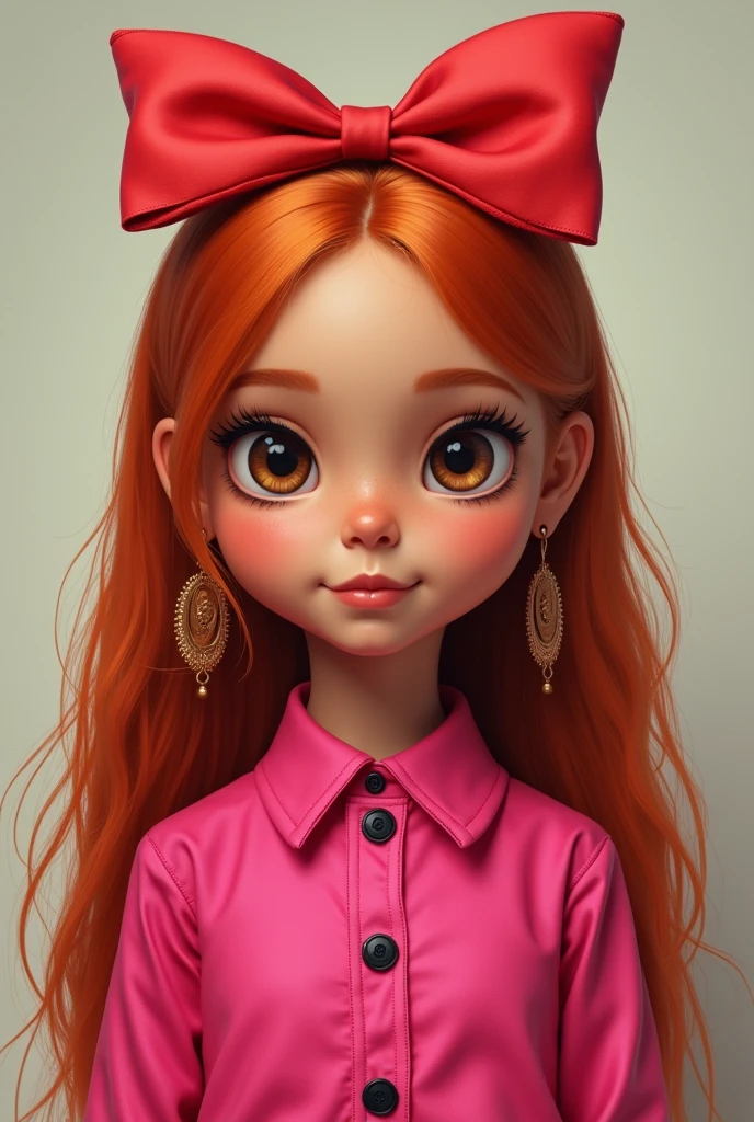 realistic portrait of a tan mexican girl with orange hair and a red bow with a hot pink collared shirt with black buttons