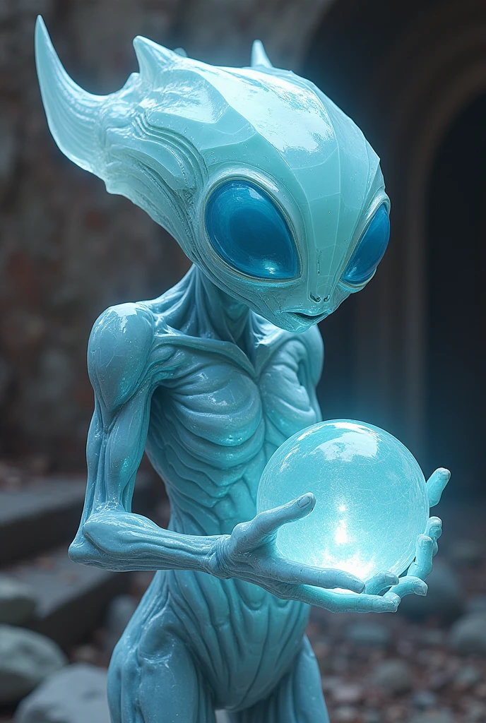 A comic-looking alien has no face , . It looked like it's made of crystal and its arms are long and its fingers are long and it held something like a small crystal sphere