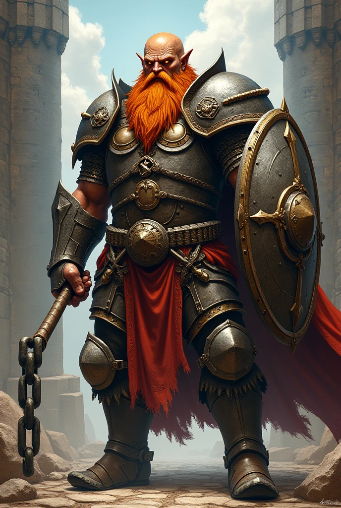 D&D dragonborn with bronze skin, chain flail in one hand and shield in the other, orange beard, orange eyes, heavy armor, medieval fantasy style