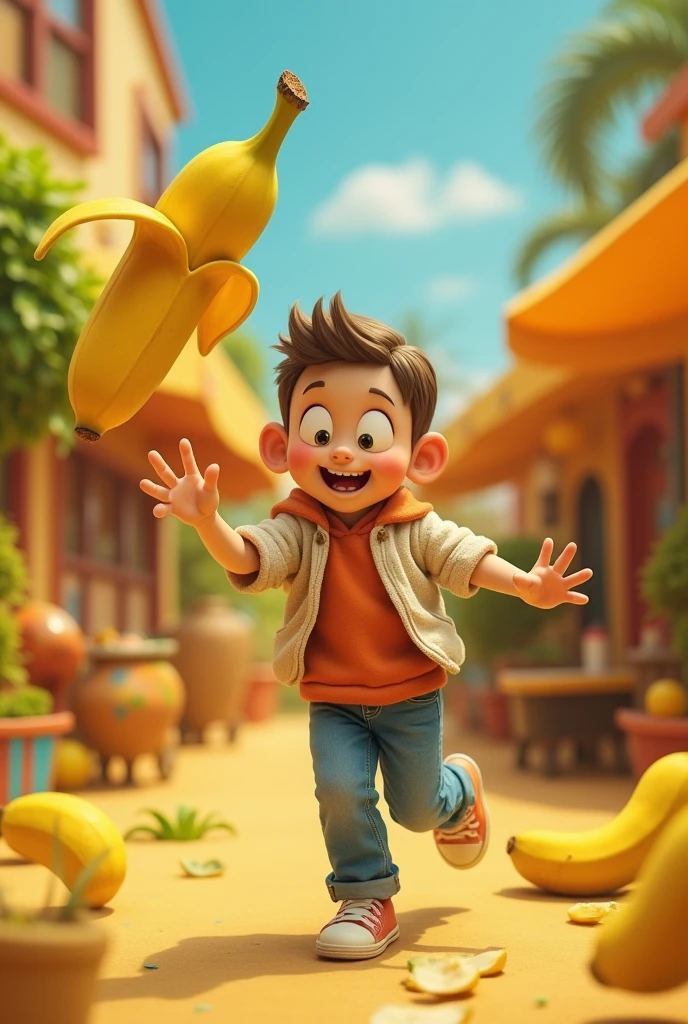 Boy climbing a playground equipment with a peeled banana in his hand, Grinning, glad