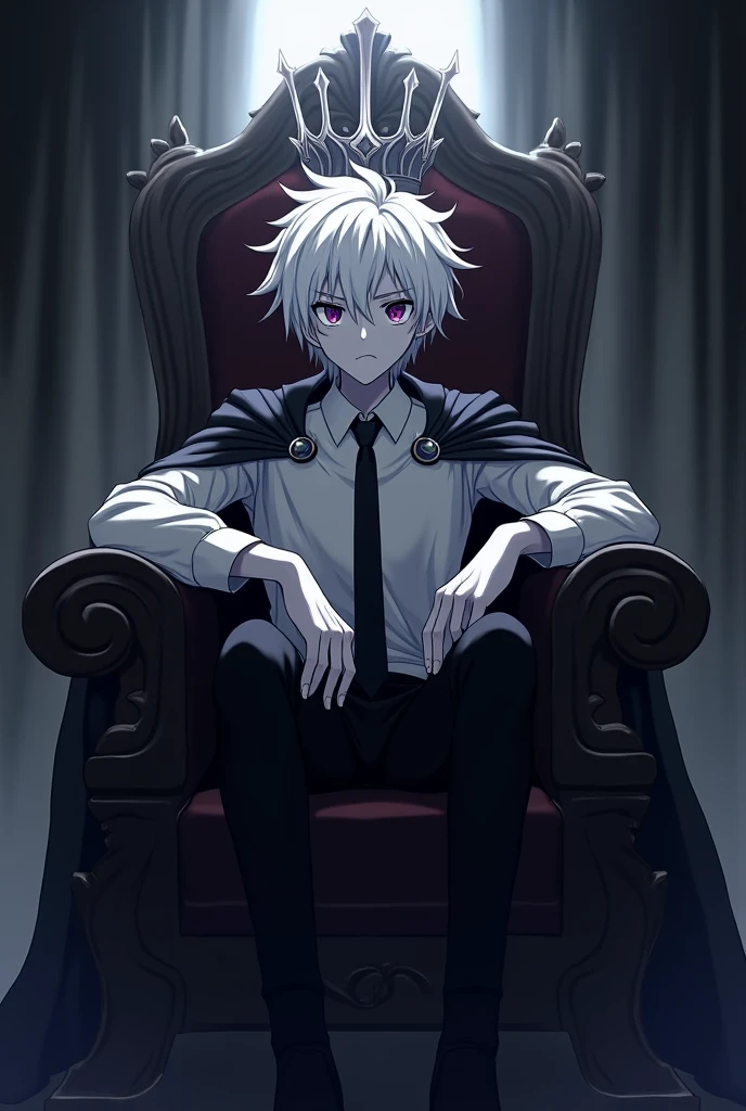 A teenager with gray skin , white hair and somewhat disheveled , white right eye with purple iris and left eye black with purple iris; wears a long sleeve white shirt , black pants , black boots, black tie, black cape and a silver crown . He is seated on a throne in a gloomy setting with a single light above him , with an annoyed expression, with his right arm in the right armrest , his left elbow on the armrest and with his head resting on his left hand . It's from anime