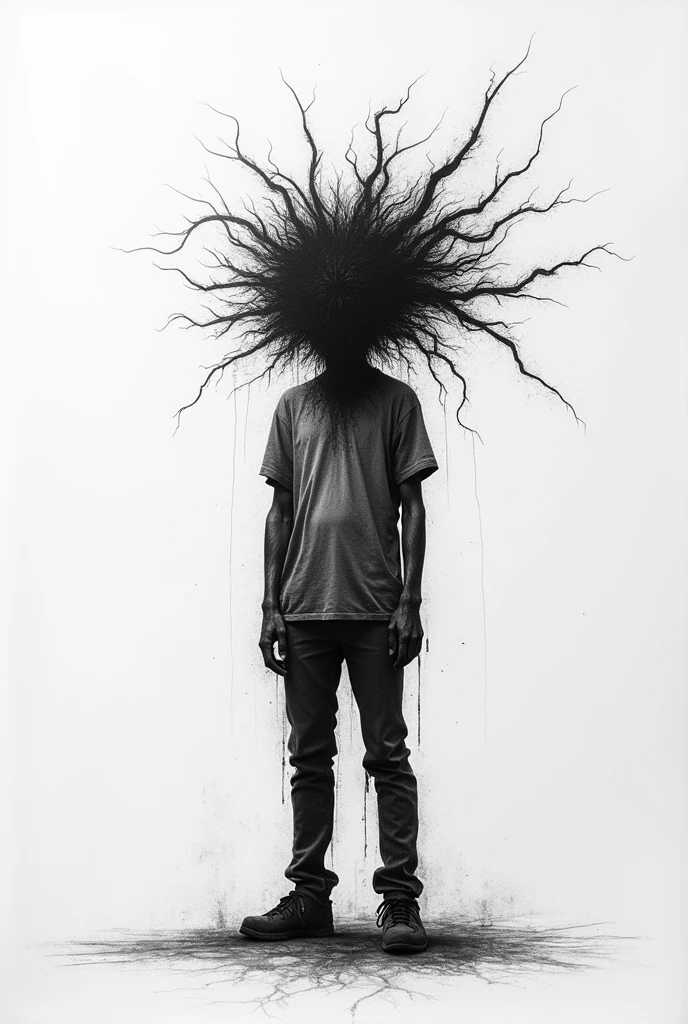 drawing made by someone with schizophrenia that represents persecution and pain and suffering minimalist black and white mediumistic art figure man hair disorganized loneliness sketch sketches