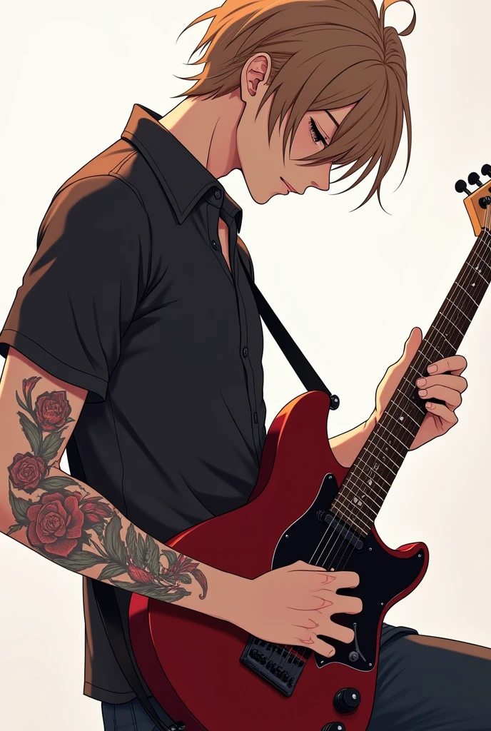 anime guy with a guitar and a tattoo on his arm, an anime drawing inspired by Yamagata Hiro, pixiv contest winner, conceptual art, chloe price, guitar solo, guitarist, playing the guitar, from kingdom hearts, nightcore, playing guitar, background artwork, clean detailed anime art, playing guitars, anime cover, guitar concept art