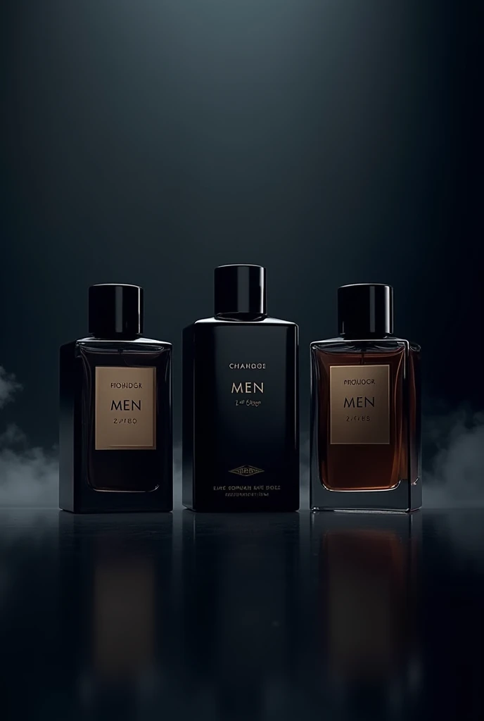 Create an advertising image containing perfume bottles for men for sale