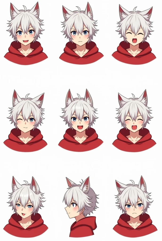 Anime stickers with different expressions (chibi mode) of a man with wolf ears, his white hair, gray eyes and a red hoodie.