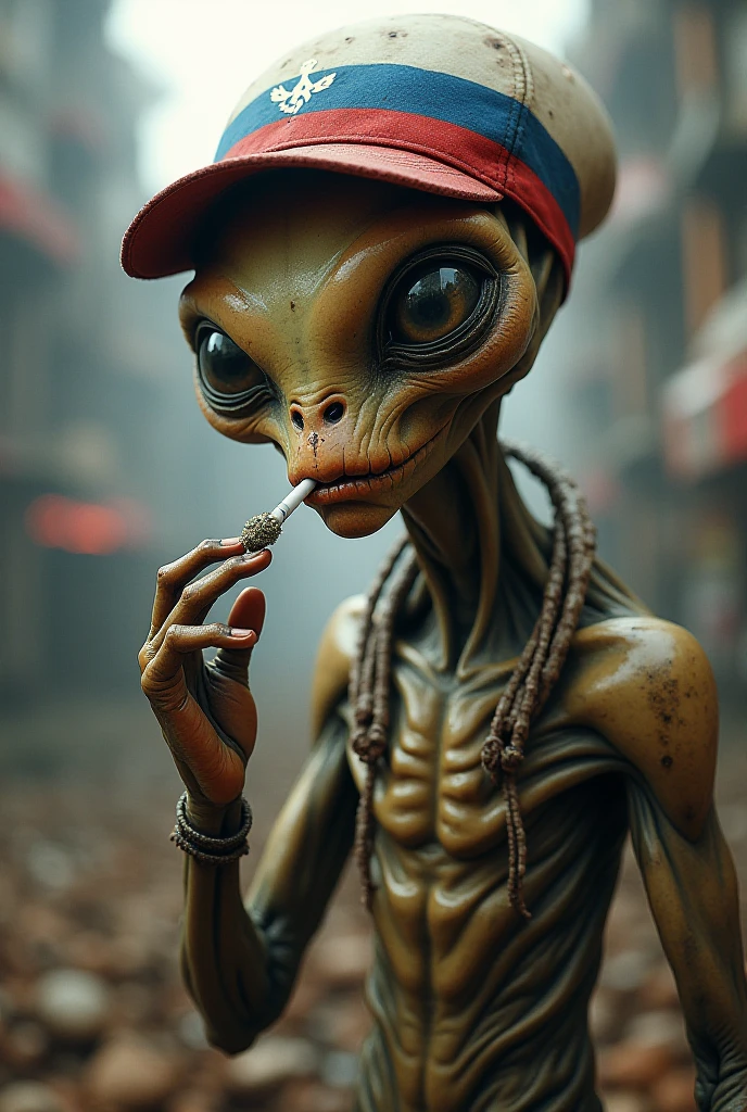 Alien clutching a marijuana cigarette and wearing a Russian flag cap