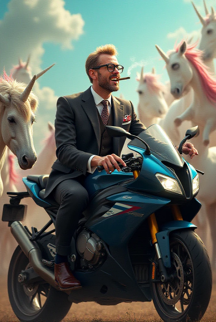 A funny lord with a joint in his hand is sitting around him on a BMW M 1000 RR with a horde of unicorns