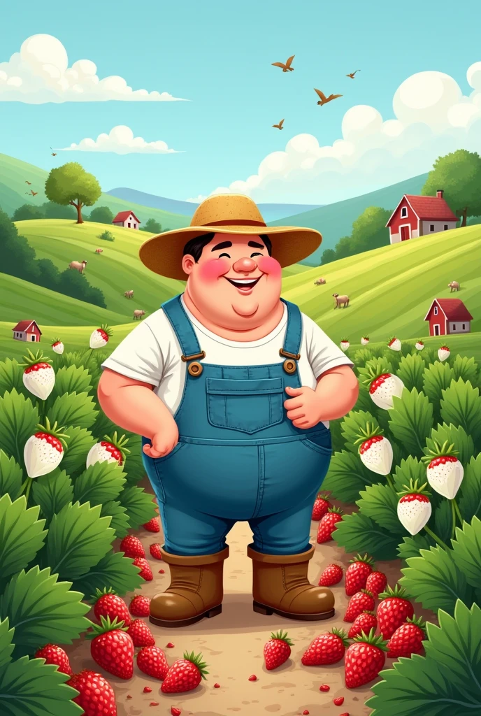 Design a cartoon image of a farmer standing among strawberry crops.