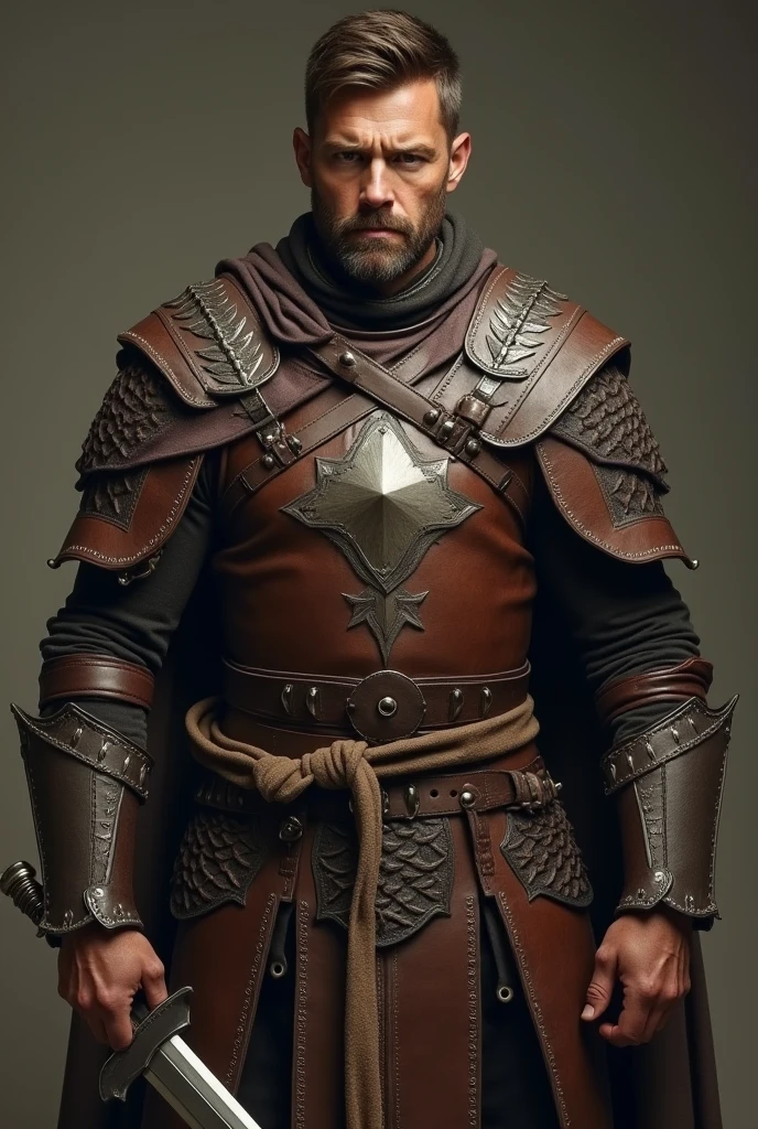 Please, create an image of a barbaric man , with brown skin and short hair , with average beauty , with nobility , using a sword and a beautiful knife , dressed in leather armor that covers the entire body and with a piece of metal in the center of the chest.
