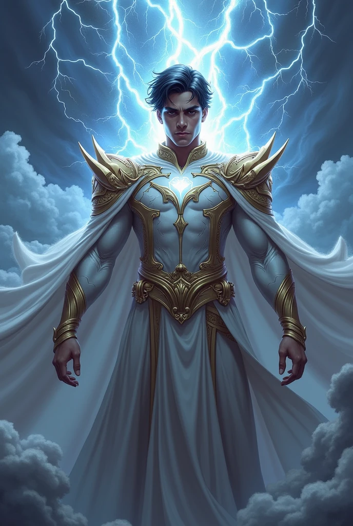 The god of thunder and lightning is a guy with short black hair in a divine outfit that wears a capital letter on his chest LUISANGEL