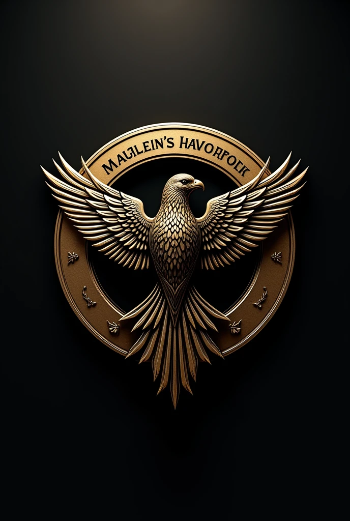 A gold-and-black logo in the foreground with a falcon with the phrase JUSAVALAMINADO18K