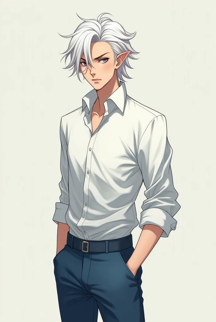anime style cute male elf in white shirt and blue jeans and white hair, with a serious look, 1.90m tall,