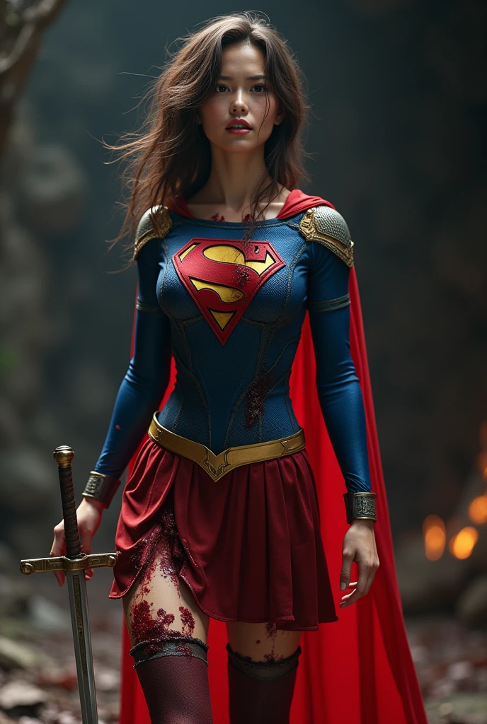A thug is slashing at Supergirl , Her , torso, and legs are slashed with a sword , Expression of deep pain , dramatic, dramatic tragedy , blood is spewing out of the wound , Stabbed in the and died , Stabbed in the , , the Covered of Blood Body with a sword stuck in her , blood is spewing out of the wound 、Supergirl is Japanese 、 Supergirl is in her 20s 、Brown Hair、 supergirl costume 、emblem 、 red cloak、 red skirt 、 red long boots blue leotard 、 Shoulder Costume 、 costume has been torn apart by a sword 、、live-action、 real engine 、In the cave、 Supergirl is a cute Japanese 、20s