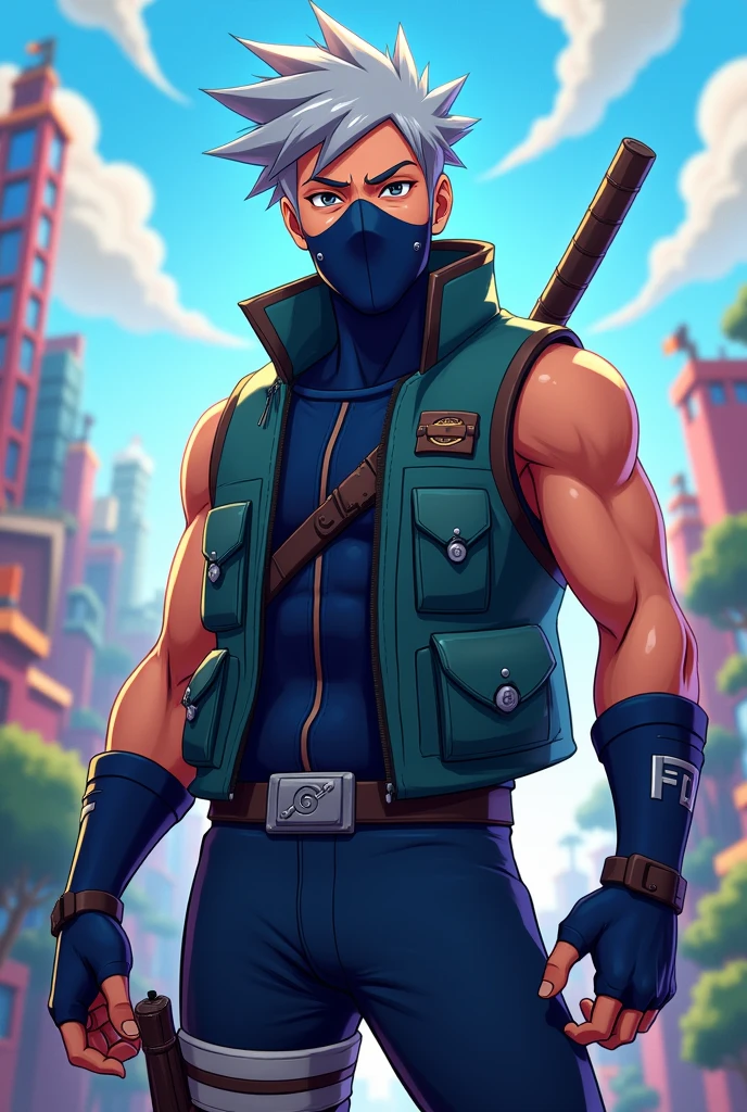 Generate Fortnite style illustration of the character Tadashi Hamada from Disney's Great Heroes dressed in Naruto's Kakashi Hatake clothing