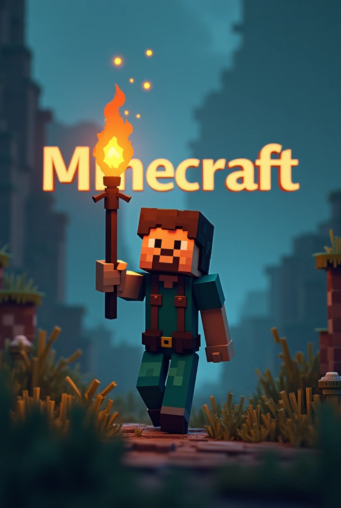 An image of Stive with a torch in Minecraft with the word Minecraft Ensima