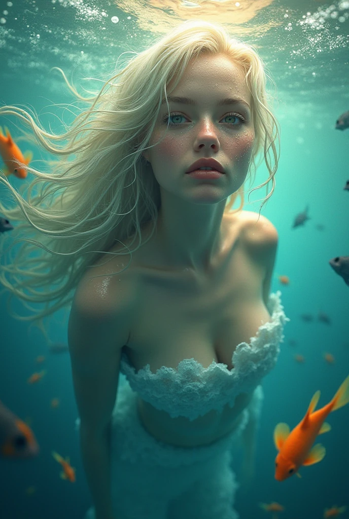 Graphics novel illustration, best quality, high resolution, 8k aesthetic, mesmerizing celestial moonlight, 
Α field of white flowers. A beautiful young woman in a blue dress hogtied, laying on stomach, (otm gag:1.6). trees with white leaves rest in the background, bound with blue rope. the cloudy sky breaking to reveal the blue moon. rain is pouring across the landscape as heavy wind blows the white flowers that flood the ground. lightning strikes in the background directly  hyper realistic. Epic scene like a dream. Leaves are fluttering around the women. The world is majestic with wildlife showing up to listen. Deer laying near by watching and listening to the female. As she lays on a river her dress made of beautifully detailed water. Bunnies rest by the river watching her. Beautiful masterpiece of art.. beautiful contrast of the light along the water which has an incredible reflection. Laying on water. dress made of water on the female. high aspect ratio. beautiful composition. detailed textures. realistic. beautiful detailed moon. 