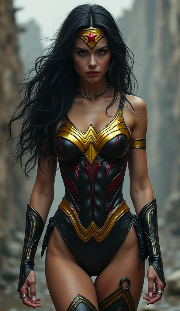 A beautiful woman Adriana Lima under the mantle of the warrior of Eutopia Zarda Shelton alias power Princes Marvel universe Black leather jumpsuit that covers her entire body and before arms the suit carries gold under her breasts and waist simulating a belt silver bracelets Diaema liza on her forehead silver choker on her neck Wonder Woman 84 Movie