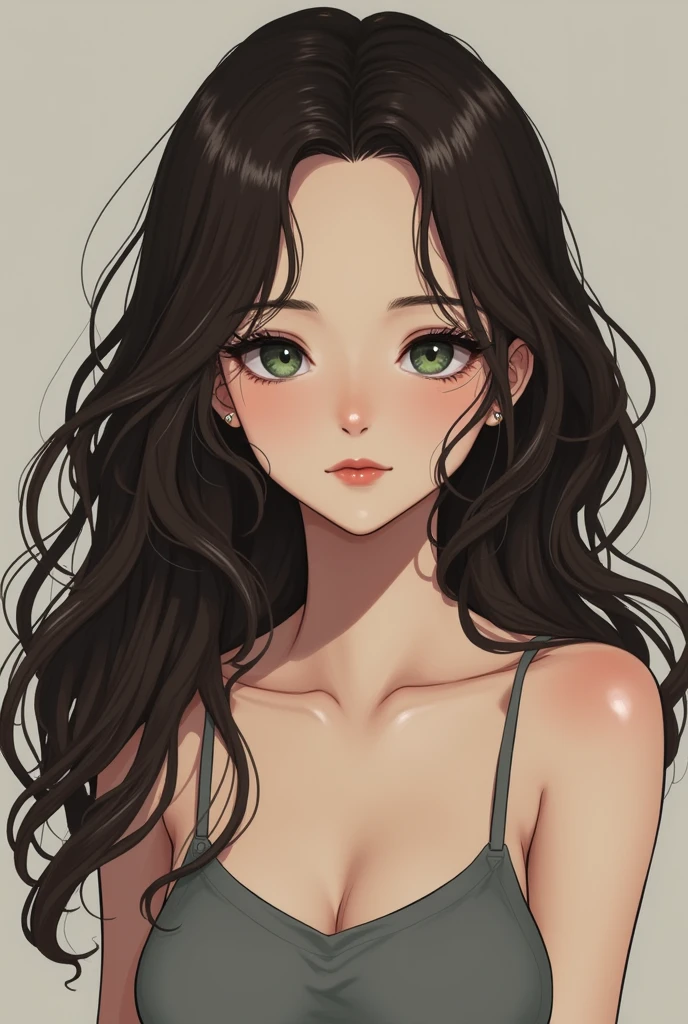 manga woman with a wevy dark brown middle hair and dark green eyes without bangs and she wears a gray dress, she has long lashes with thin lips and circle jawline,