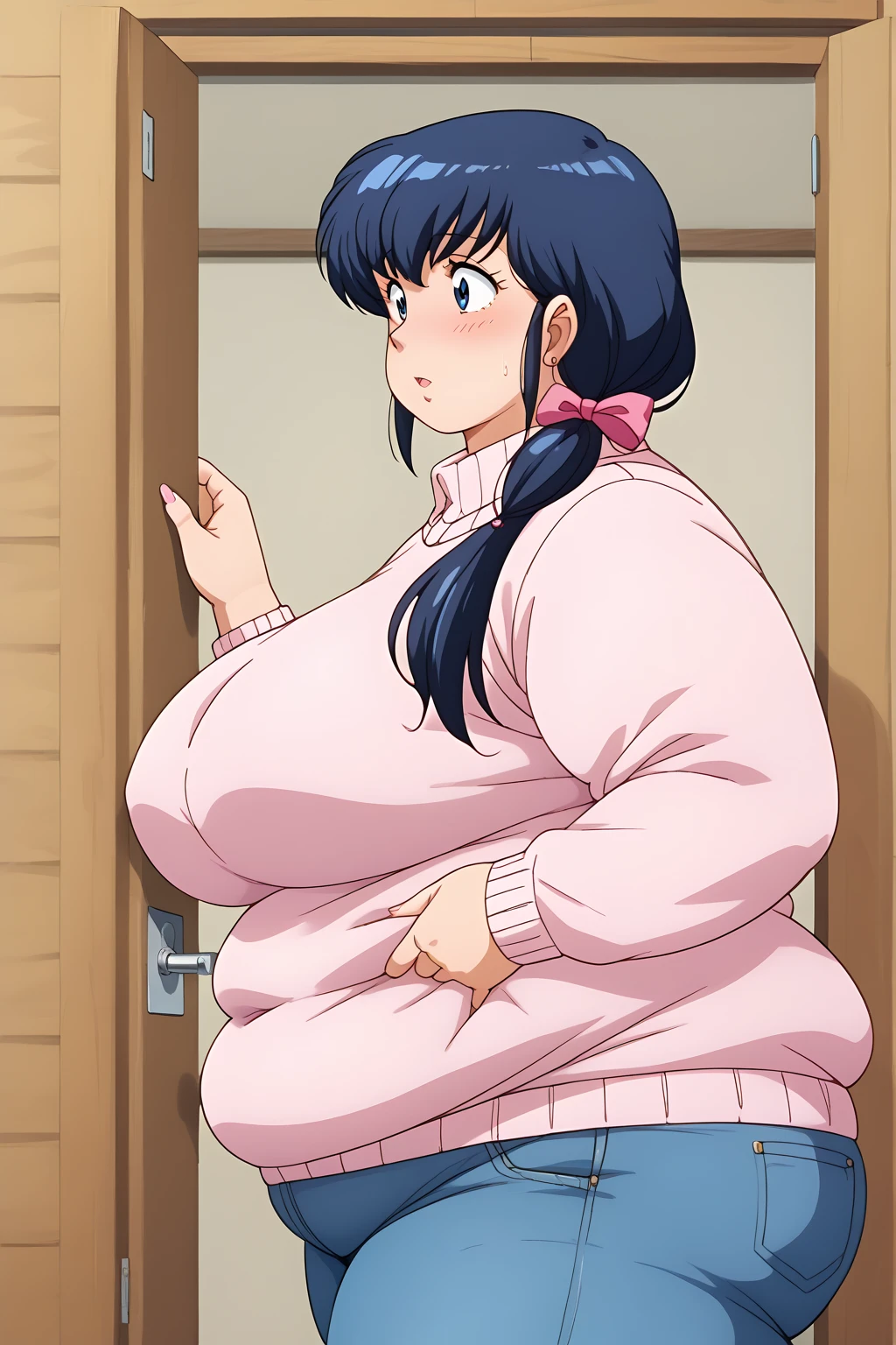 Otonashi Kyoko, Kyoko Otonashi　Maison Ikkoku,  long hair, 紺色の髪,((low ponytail,  pink barrette ribbon)), Dark blue eyes,((  pink sweater , Blue jeans)), Japanese-style room,milf,  embarrassing expression , troubled expression,Huge saggy breasts, sloppy stomach,I'm pinching my stomach,Fat face, score_9, score_8_ up、 score_7_ up、 score_6_ up、 score_5_ up、 score_4_ up、 masterpieces at the front door of the house、 top quality 、 very aesthetic、 absurd, source ,  anime screencap, one woman、Alone、 personal , (fat boobs, fat belly, fat ass), Curvy、 chubby,  obese 、