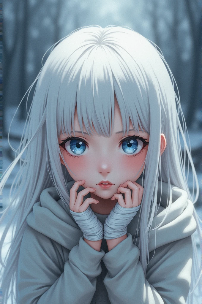 a girl, long white hair , the snow-blue eyes , a normally cold garment , some bandages were on her fingers , the innocent and cute look hiding the sadness behind. Do in an Anine style .