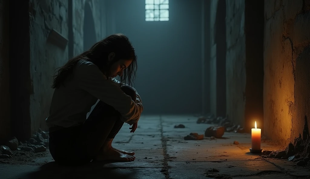A dimly lit, shadowy room filled with a heavy atmosphere of despair. A young woman, in her late 20s, with long, dark brown hair, fair skin, and light brown eyes, sits on the cold stone floor. She wears simple, worn clothing. Her posture is slumped, her head bowed low in despair. A flickering candle is beside her, casting long shadows, with her face showing the emotional weight of suffering. The room looks decrepit and empty, amplifying the feeling of isolation. —ar 16:9