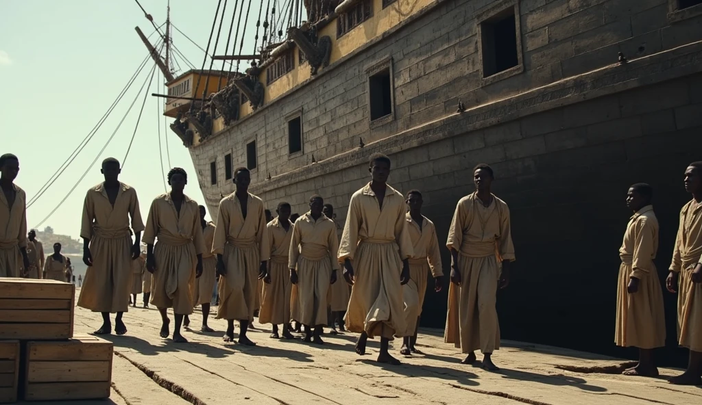 Several men chained in a group standing next to each other, Scene from the film, Notable scene of the film, From the film Danis Villeneuve, Scene from a live action movie, Screenshot from the movie AMISTAD, Himba, Image from a live action movie, movie screen shot, esclave, Image from the film, action scene from the film