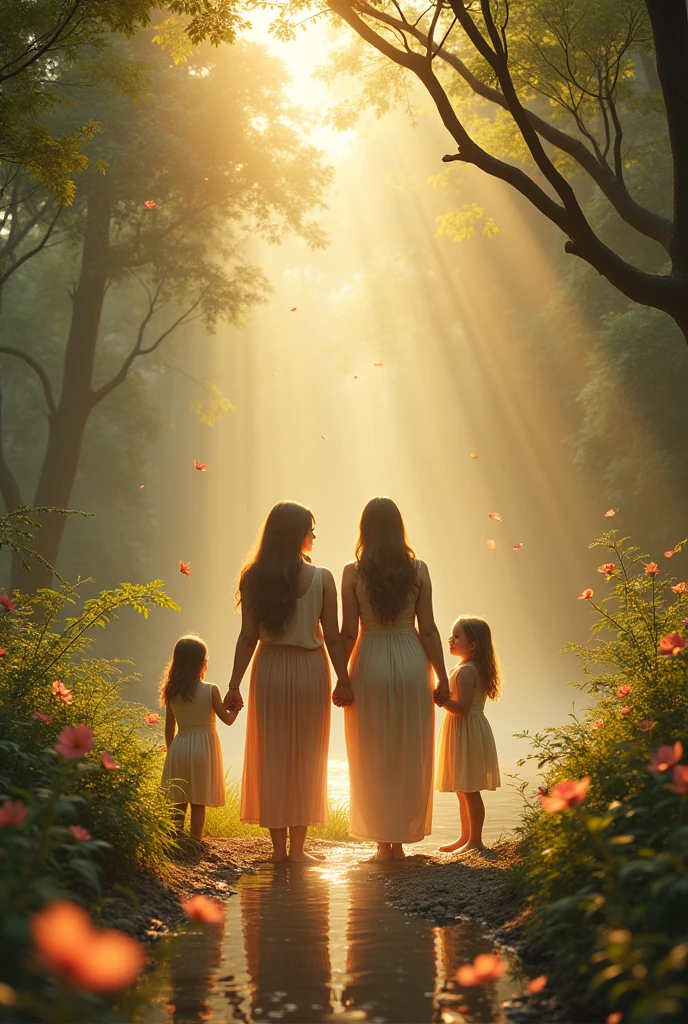 Magical mom with her boy and girl children surrounded by light , portals, and sparks of light, color beige, dorado, Brown, white