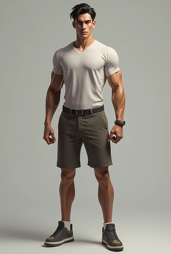 Create a realistic image of a 2 Korean man with an oval face shape, standing 1.81 cm tall, weighing 65 kg, with brown eyes and brown hair styled in a trendy undercut. He should have a fit physique with visible abs, exuding a sexy and cool vibe with a confident expression and well-defined features. Include subtle signs of arthritis, such as slightly swollen joints and a slight limp, but ensure these details don't detract from his stylish and attractive appearance. Use a neutral background to highlight both his physique and condition