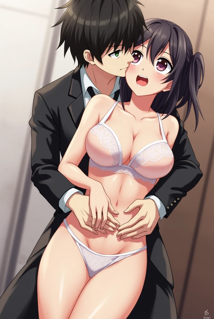 1boy, nude, muscular, Brown hair, boy behind girl, touching chest, breatsgrope from behind, grab, grabbing chest,chestgrab behind back, hold breast, hug back,1girl, light maroon hair, long curly hair, two strands of hair framing her face, Brown eyes, light pink lips, medium breast, black bra, black panties,smile :), sexy pose, arms up, cute, indoors, night, bedroom, lamp, lights off, two strands framing her face