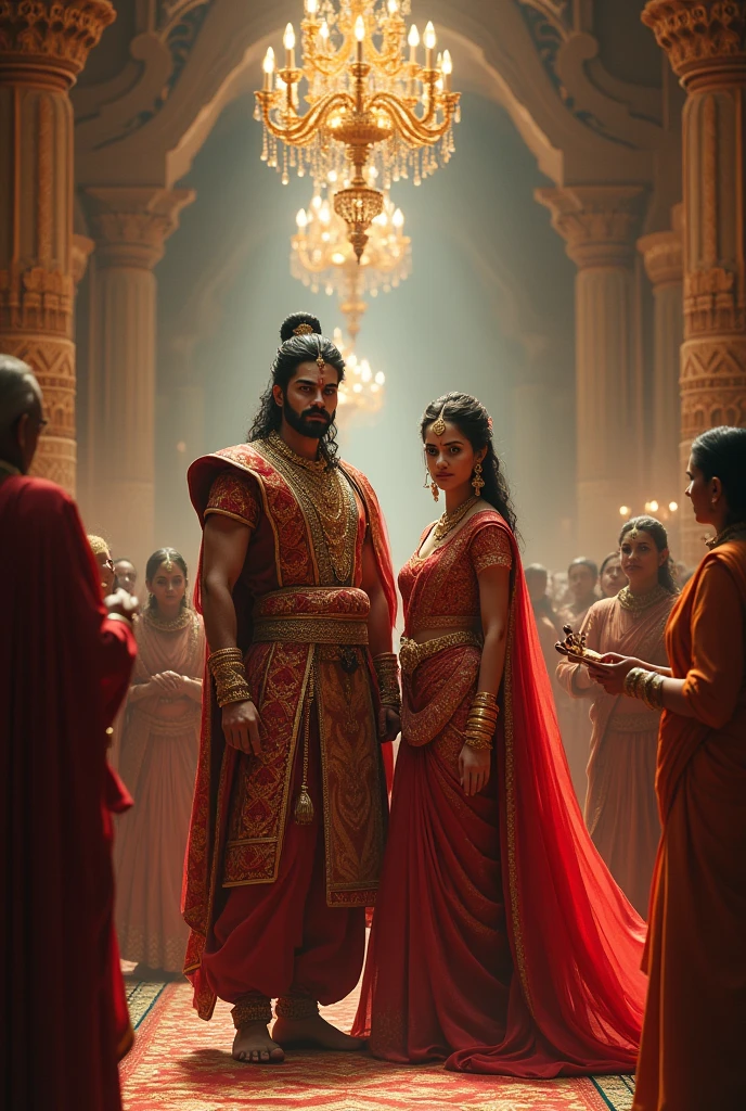 The rajput warrior and his new wife and her brother standing in our room, the rajput kingdom , the two rajput warrior and female rajput warrior , he was standing in the room , in the room , room , the two warrior , talking together