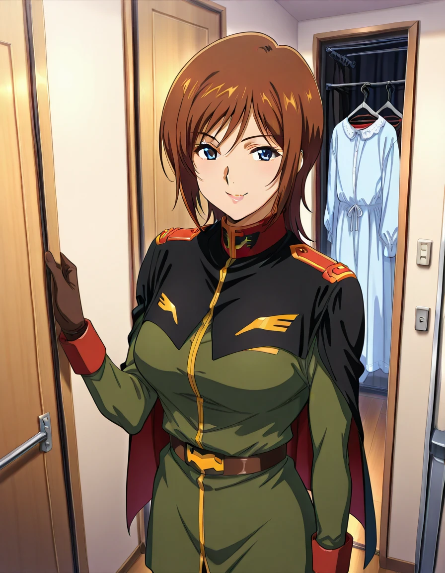 (zeon officer) 、(Black Short Cape)、 brown leather  gloves 、(  Toned Trunk _9、 score_8_  up、 score_7_  up、 Destroys Top Quality 、  refined details  、  source anime 、  1 girl、  gloves 、( green uniform)、 、  1 girl、、Miyu Takizawa, Brown Hair,  flip hair、 medium hair,  blue eyes,  Long Sleeve  、、 、  raise shirt 、 clothes scattered on the floor 、 scenery、Wardrobe、  Walkin Closet 、洋服hanger、  Enchanting Poses  ,, ,  seductive smile 、hanger、hangerにかけられた制服、