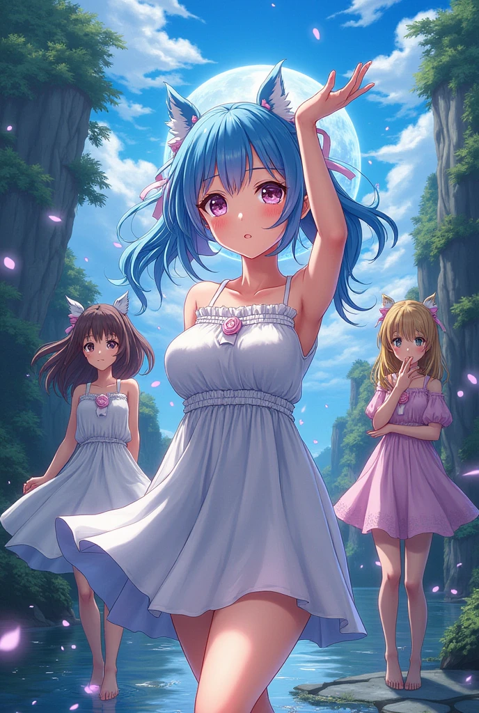 anime、Vibrant colors、Uplifting、3 beautiful girls、Bright clothes、Bright eyes、Sparkling eyes、Large Breasts、An innocent smile、A flower field、blue sky、rainbow、Petals are dancing、spring