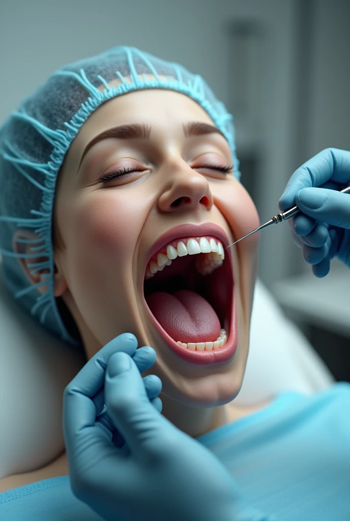 arafed woman getting her teeth checked by a dentist, Highly detailed back mouse, Drooling and baring teeth, Smaller mouth, Delicate jaws, Small chin, Underbite, Hinged jaw, dentist, The taste is simple and pleasant, Biomechanical open chewing mouth, Small and big smile, An unpleasant crooked smile, A kind smile, Open your mouth wide, Mouth details, Straight Joe