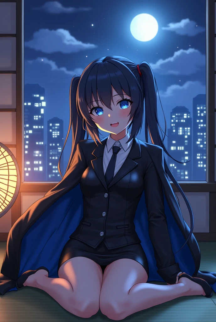 1girl, solo,sitting, cyberpunk cityscape,night city \(city\), stealth in the city,small breast, masterpiece, professional artwork, famous artwork, perfect face,perfect eyes,nagatoro hayase, hair ornament, brown eyes,glowing eyes, hairclip,dark skin, black hair,school uniform, cowboy shot, black hair, beautiful face, evil smile, evil eyes, ((perfect female body, narrow waist)), background city, skirt, nude, kinky, hentai
