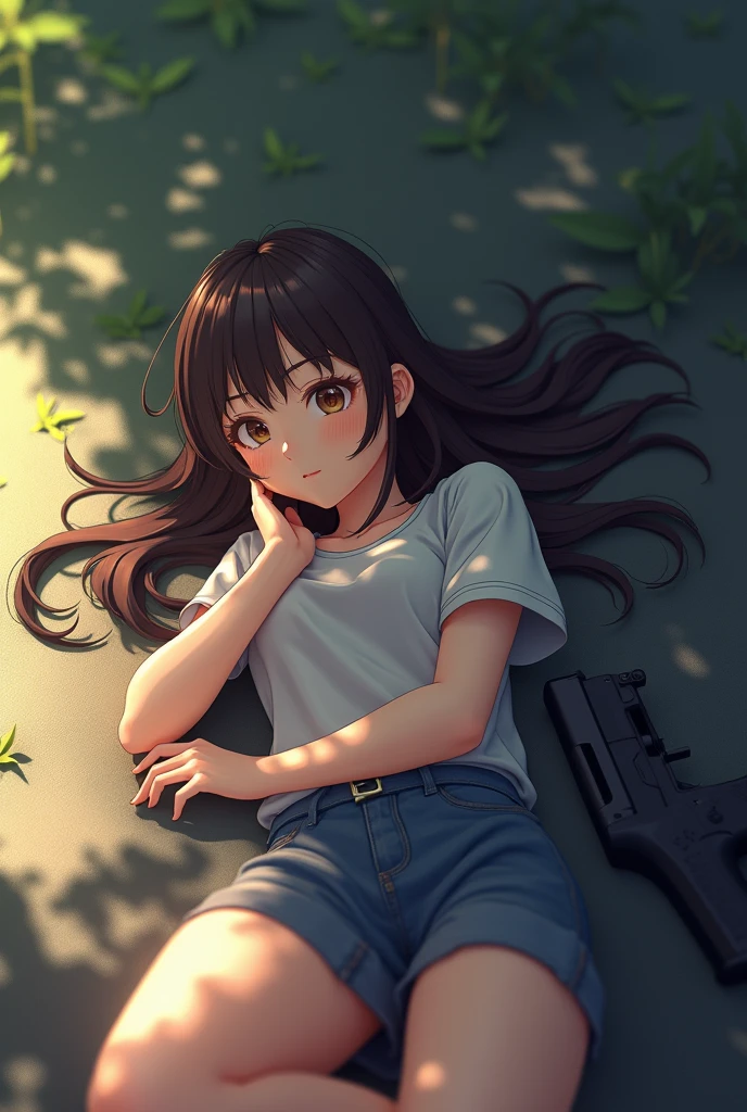 A wounded girl wears unbuttoned skirt, medium chest, lying on the grass, looks very enjoyable, war style, looks depressing, high quality, ultra-detailed, crazy details, 4K