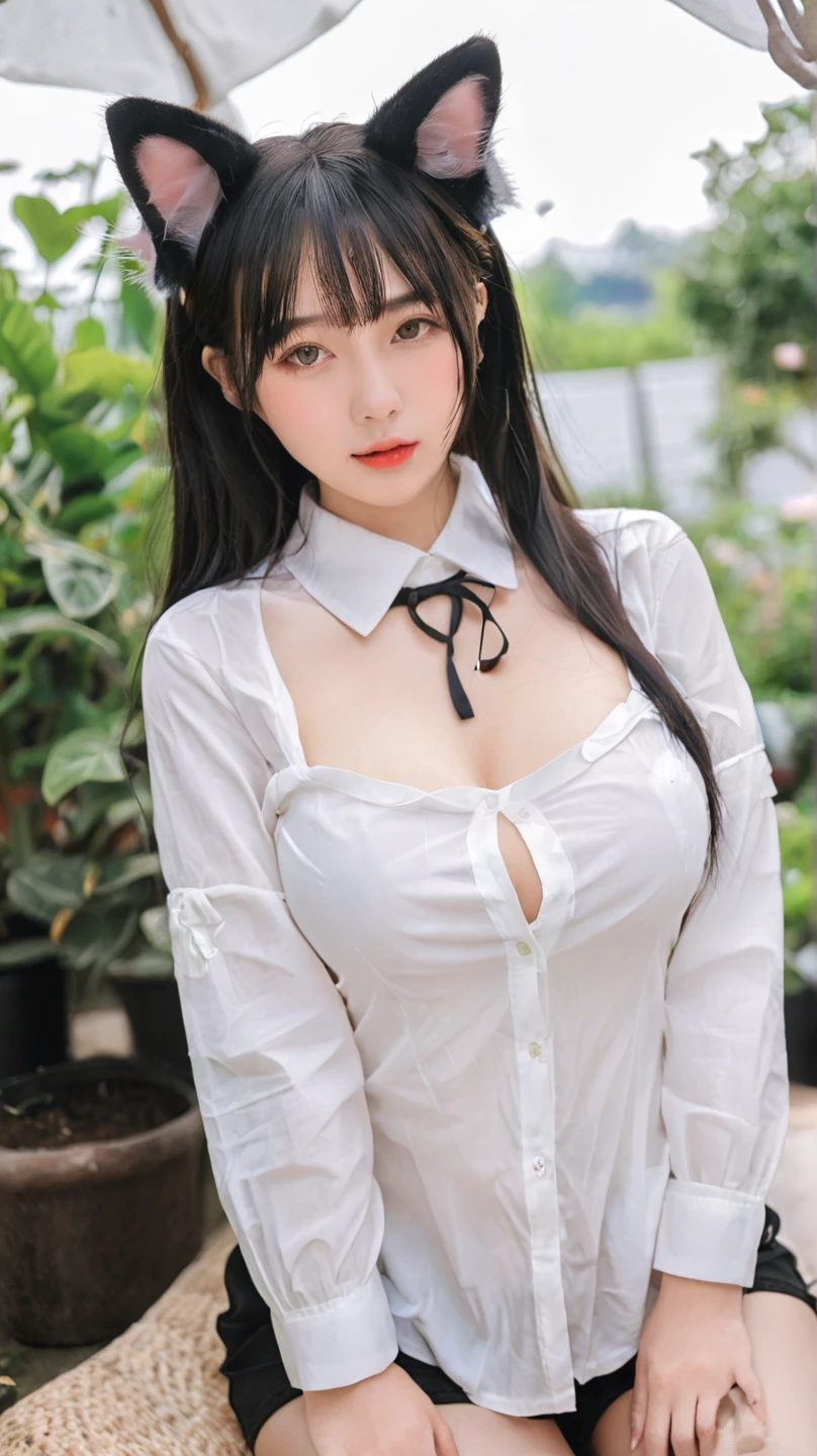 A girl sits on a windowsill、Mix 4、女式解扣透明shirt&#39;shirt、Pillow、lips、open mouth、actual、photo_\(curly\)、alone、(​Masterpiece)、(realism:1.3)、super detailed、(high detail)skin:1.2)、(top quality:1.0)、(ultra high resolution:1.0)、(Orchan-6500:0.3)、wavy fine hair、hair length、Sunlight、(Beautiful and detailed makeup)、(sexual excitement、red blush、Difficulty breathing:1.0) )、、(Soft light blooms:0.5)、Not wearing anything、plump big breasts