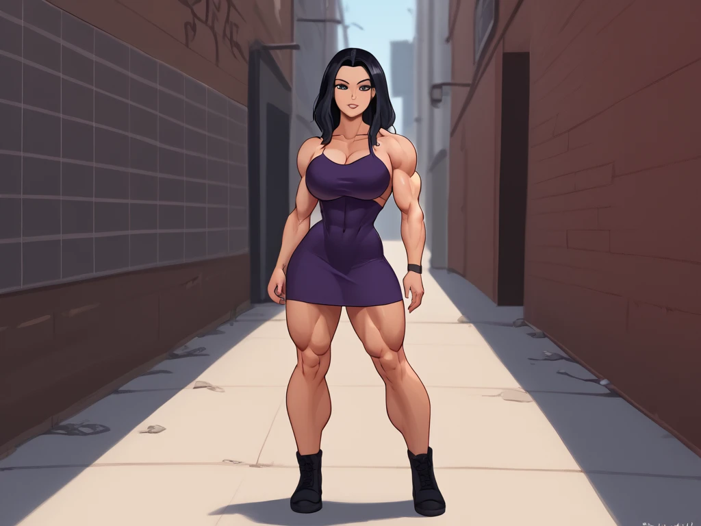 ((late evening)), ((summer evening)), ((muscular woman in a dark alley)), fullbody view, hypermuscular 19 yo ((Azerbaijani)) woman, rich elitist girl, massive bulky (extremely muscular: 1.5), breathtakingly beautiful muscle woman, (long straight raven-black hair: 1.3), tawny skin, steel-hard hypermuscular body, haughty arrogant proud, muscular powerful bodybuilder physique, perfect flawless musculature, wearing glamorous minidress, muscular thick arms