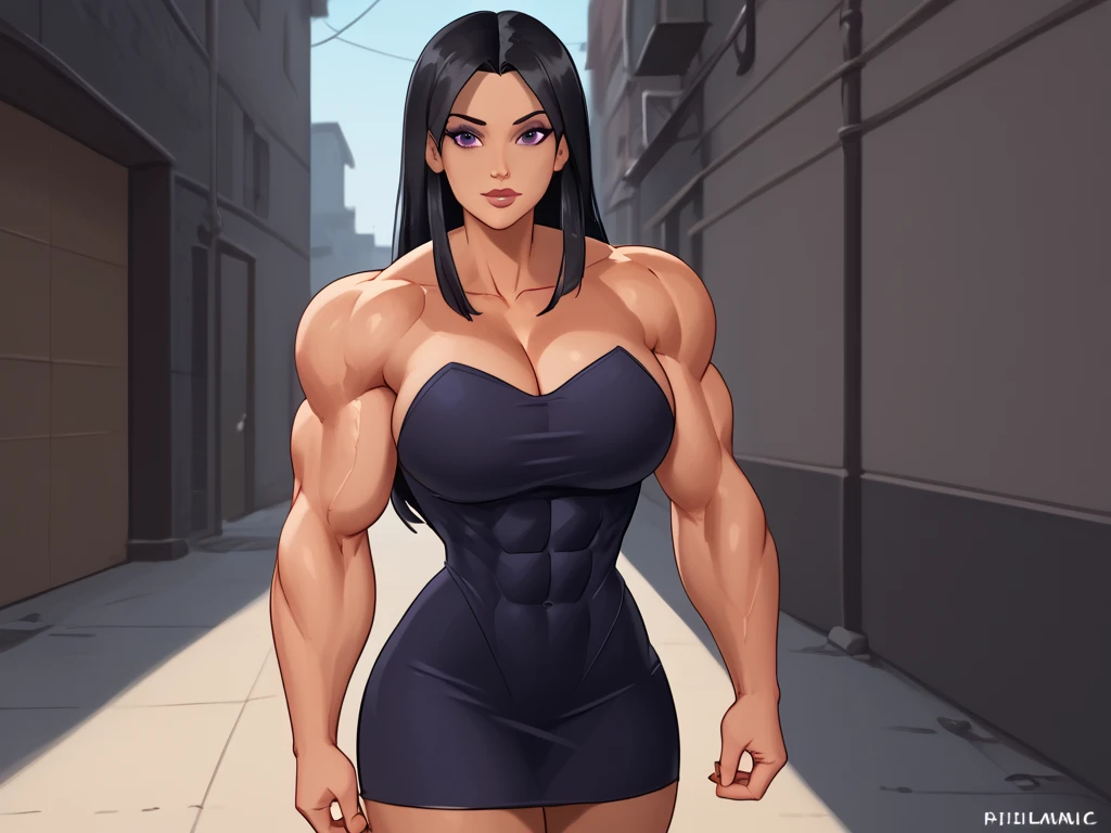 ((late evening)), ((summer evening)), ((muscular woman in a dark alley)), fullbody view, hypermuscular 19 yo ((Azerbaijani)) woman, rich elitist girl, massive bulky (extremely muscular: 1.5), breathtakingly beautiful muscle woman, (long straight raven-black hair: 1.3), tawny skin, steel-hard hypermuscular body, haughty arrogant proud, muscular powerful bodybuilder physique, perfect flawless musculature, wearing glamorous minidress, muscular thick arms