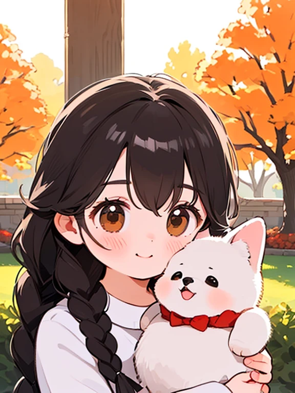 (  top quality  ,4K,8k,   kampala,masterpiece:1.2),   very detailed , (Deformed,  realistic,  realistic:1.3)，One ， cute ，Very short，Laugh happily,   brown eyes  , Fluffy,  black hair braids ， white dress，，That dog is bigger than the girl   ......，This dog is an Akita....，犬はFluffy，  dog is hugging a girl ，  Siberian husky with autumn country house and garden background，