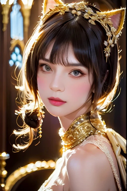 Beautiful girl with furry cat ears, intricate gold jewelry, Luxurious headdress,  elegant silk clothing  , shaggy cat ears on her head  ,  rich gemstone colors  ,  cinematic composition  ,  detailed facial features  , elegant lace patterns  ,  luxurious palace interior  , Luxurious textures, dramatic shadows,  ornate architectural details  ,  8 thousand , Photorealistic portrait of a girl with cat ears.  