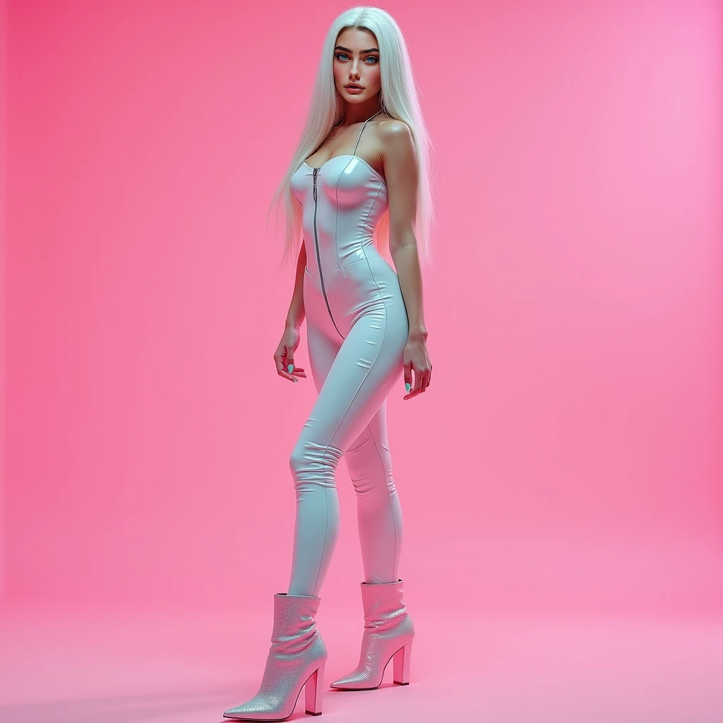 A woman with long straight white hair,She will wear a pink metallic bra and a translucent blouse with silver stars over the bra.,a 2000s mini skirt with pink bows,I want her wearing clear strawberry platform heels,I want her neon pink nails,she uses lip gloss,highlighter on the face,eyeliner,will use a blue eyeshadow with pink and stars,I want her to do a very sensual pose,I want her to be beautiful like a model and she would be