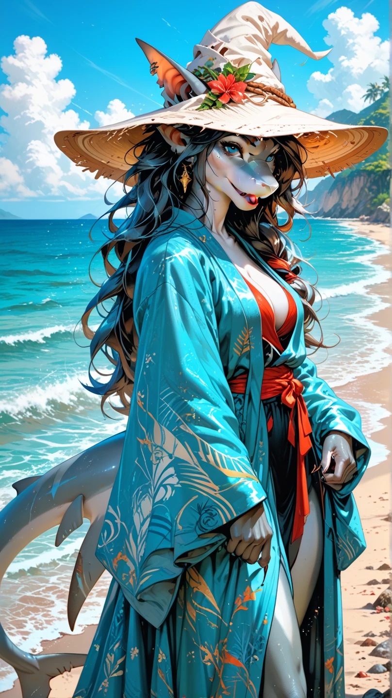 score_9, score_8_up, score_7_up, score_6_up, anthro, shark, female, mage hat, robe, beach, ocean