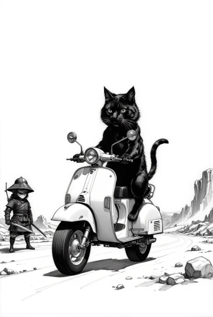 monochrome, long shot, Bipedal black cat、A Japanese samurai is riding a Vespa 150vl1t1955、Vision、chibi anime, 2D Anime