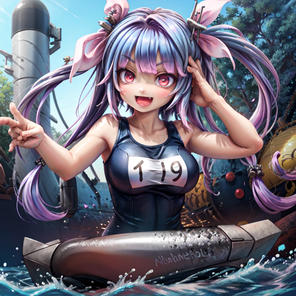 kciku, one-piece swimsuit, name tag, (19), hair ornament, twintails, multicolored hair, long hair, hair ribbon, large breasts, :d, fang, red eyes, torpedo