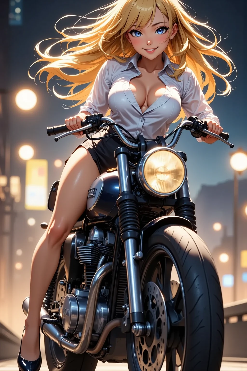 A girl is riding a カフェレーサー, glossy brown skin, small breasts, video, yellow hair,  inviting, top quality,  textured skin, 細い足 、 high heels、 movie light effect, 