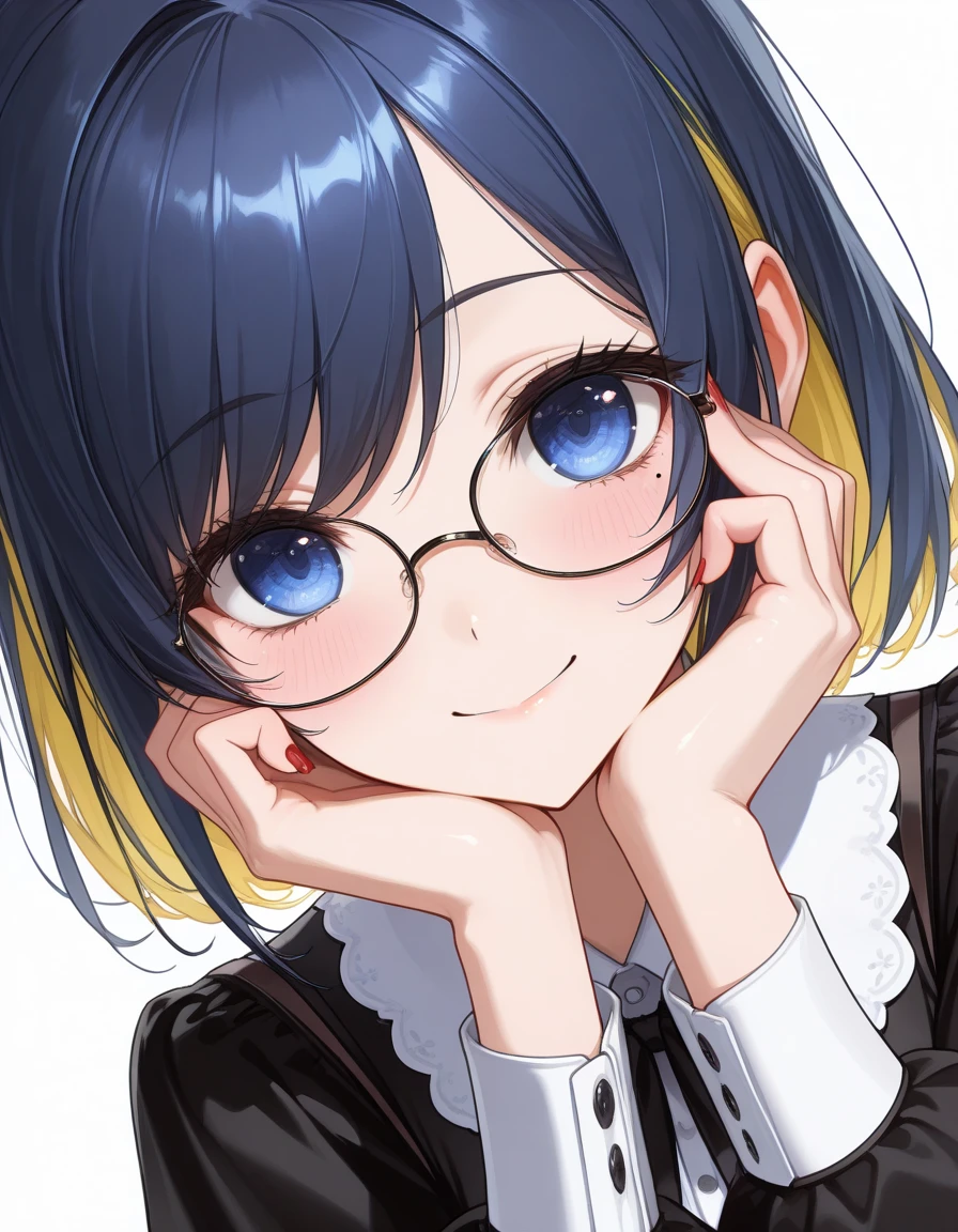 ((dark blue eye)),(masterpiece, best quality, ultra detailed,  highres icon,1girl),busty,model-like physique,Alone,white background, dark blue hair yellow inner hair,yellow inner hair,mole under left eye,big eyes,8k,light makeup,shiny skin,blushing like crazy,glossy lip,very beautiful red nails,,swept bangs,detailed eyes,Dutch angle, wearing glasses,Moe sleeves,((big smile)), sexy clothes