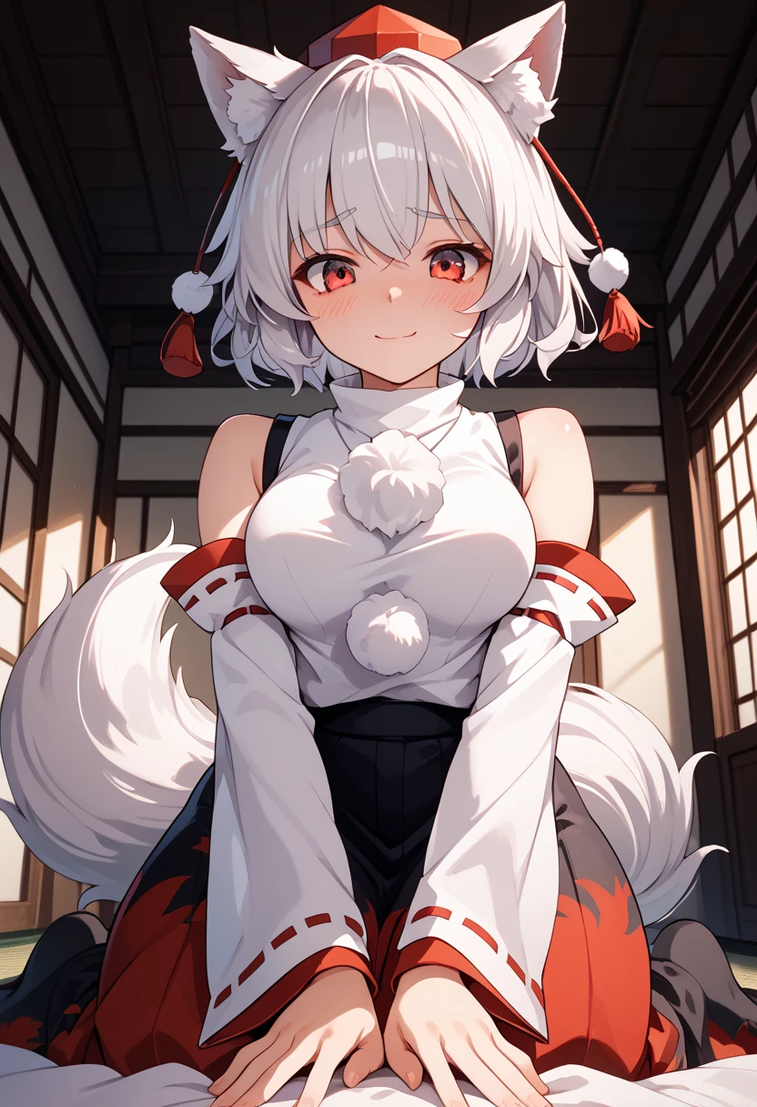 1girl, solo, Momiji Inubashiri, Touhou Project, white hair, short hair, wolf ears, red eyes, adult, embarrassed smile, large boobs, curvy figure, low POV, light blush, fair-skinned, tokin hat, pom pom \(clothes\), detached sleeves, white shirt, two-tone skirt, looking down at viewer, kneeling, indoors, cramped space, growth