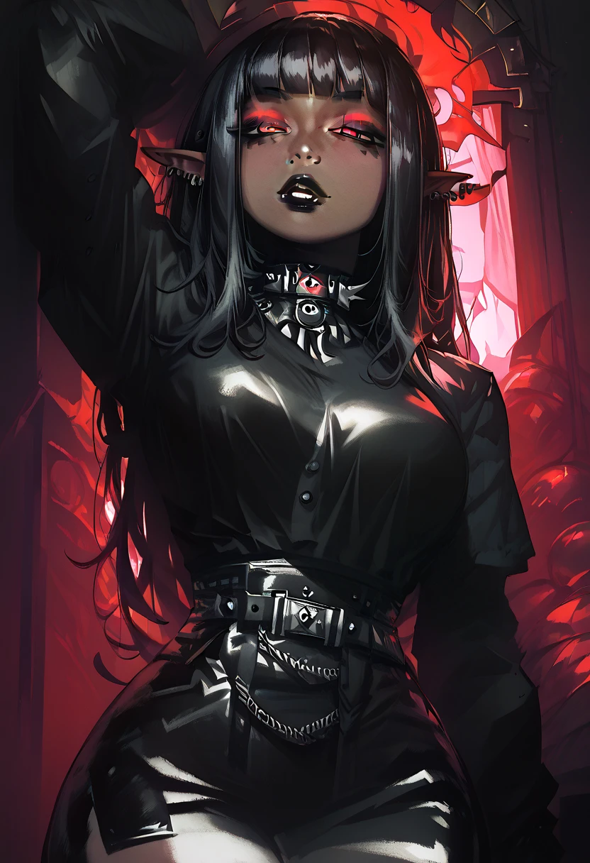 score_9, score_8_up, score_7_up, score_6_up, score_5_up, score_4_up, BREAK 1girl, ((dark skin)), brown skin, elf ears, goth, black hair, straight hair, long hair, red eyes, thick lips, long eyelashes, half-closed eyes, blunt bangs, adult, black eyeliner, ear piercings, black lips, black and red eyeshadow, looking at viewer, BREAK solo, medium breasts, shiny skin, indoors, standing, long sleeved black blouse with bow, long black skirt